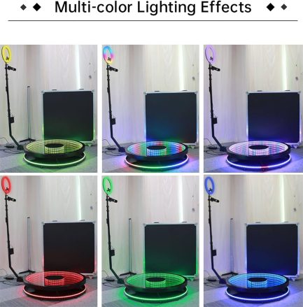 Photo Booth Rotante RGB Macchina a Rotazione Continua Foto e Video 360° Ring Light Vetro Luminoso FlightCase Incluso - immagine 3