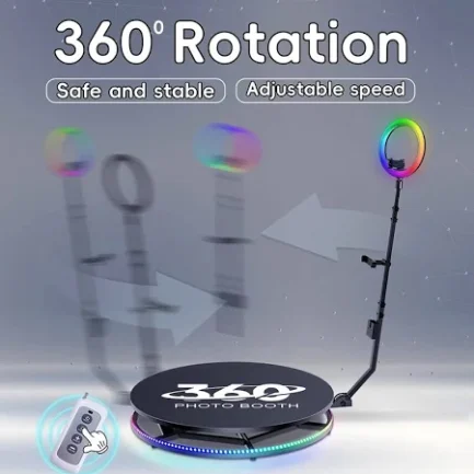 Photo Booth Rotante RGB Macchina a Rotazione Continua Foto e Video 360° Ring Light Vetro Luminoso FlightCase Incluso - immagine 5